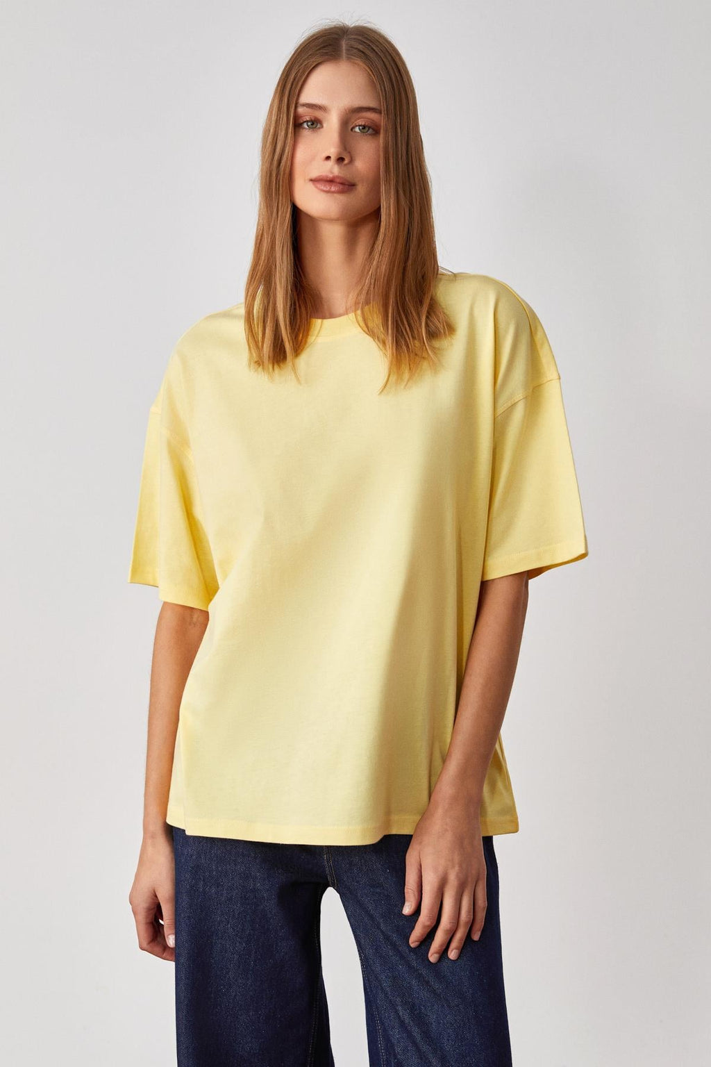 Bisiklet Yaka Oversize Basic T-Shirt Sarı