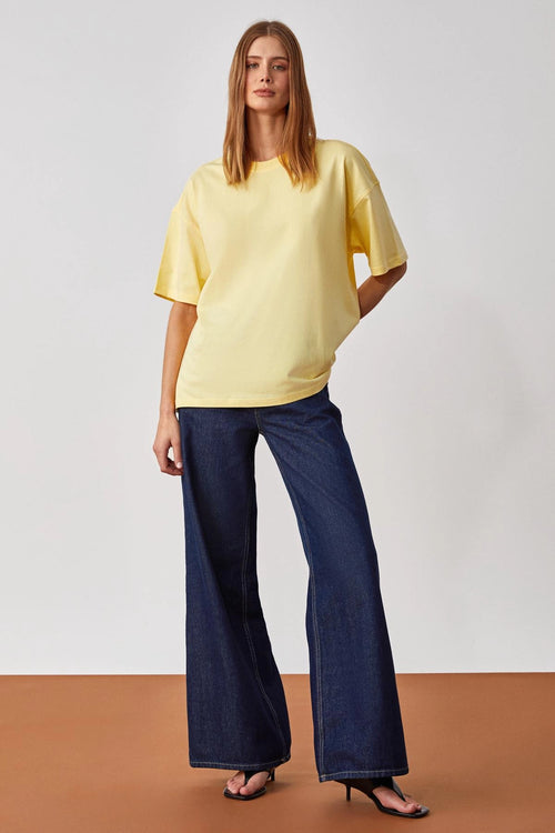 Bisiklet Yaka Oversize Basic T-Shirt Sarı