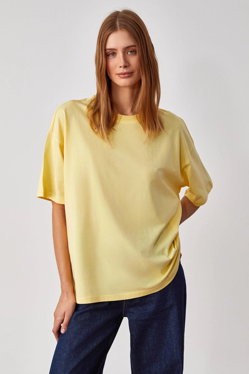 Bisiklet Yaka Oversize Basic T-Shirt Sarı