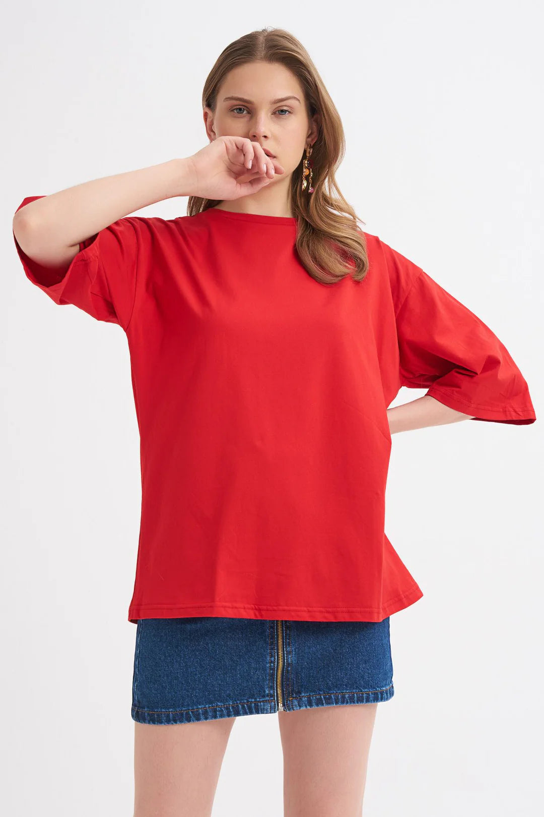 Bisiklet Yaka Oversize Basic T-Shirt Kırmızı