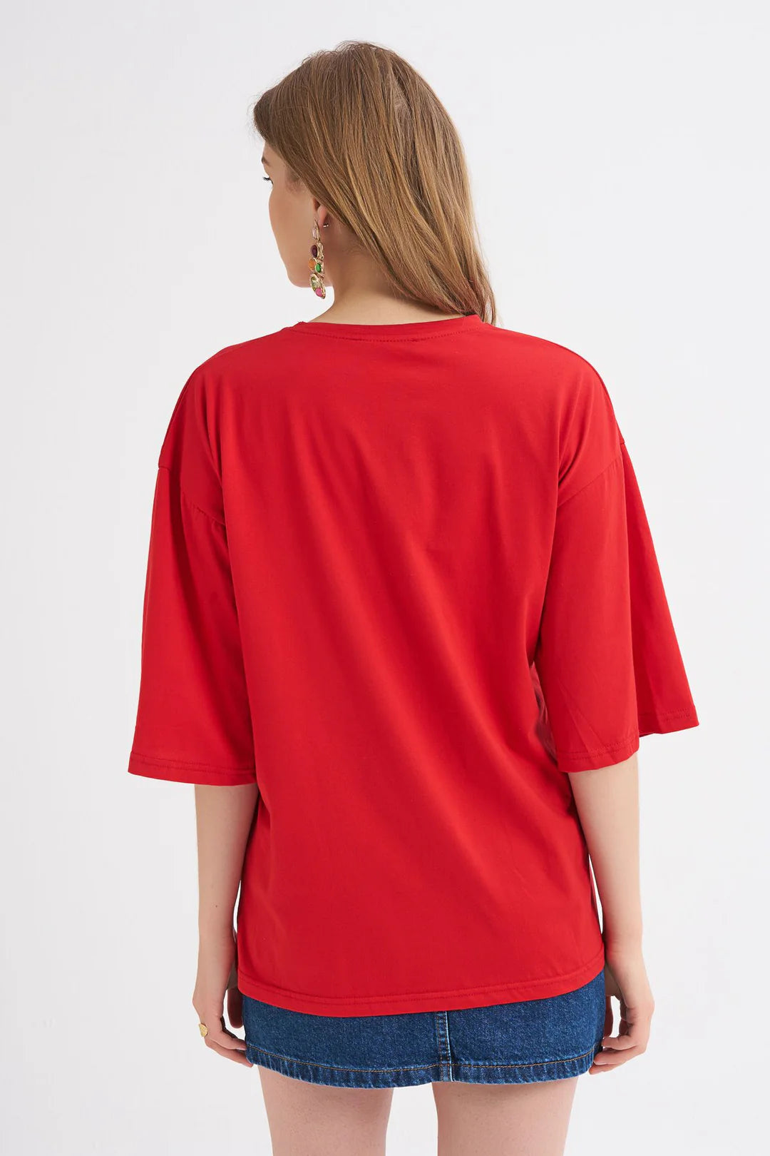 Bisiklet Yaka Oversize Basic T-Shirt Kırmızı
