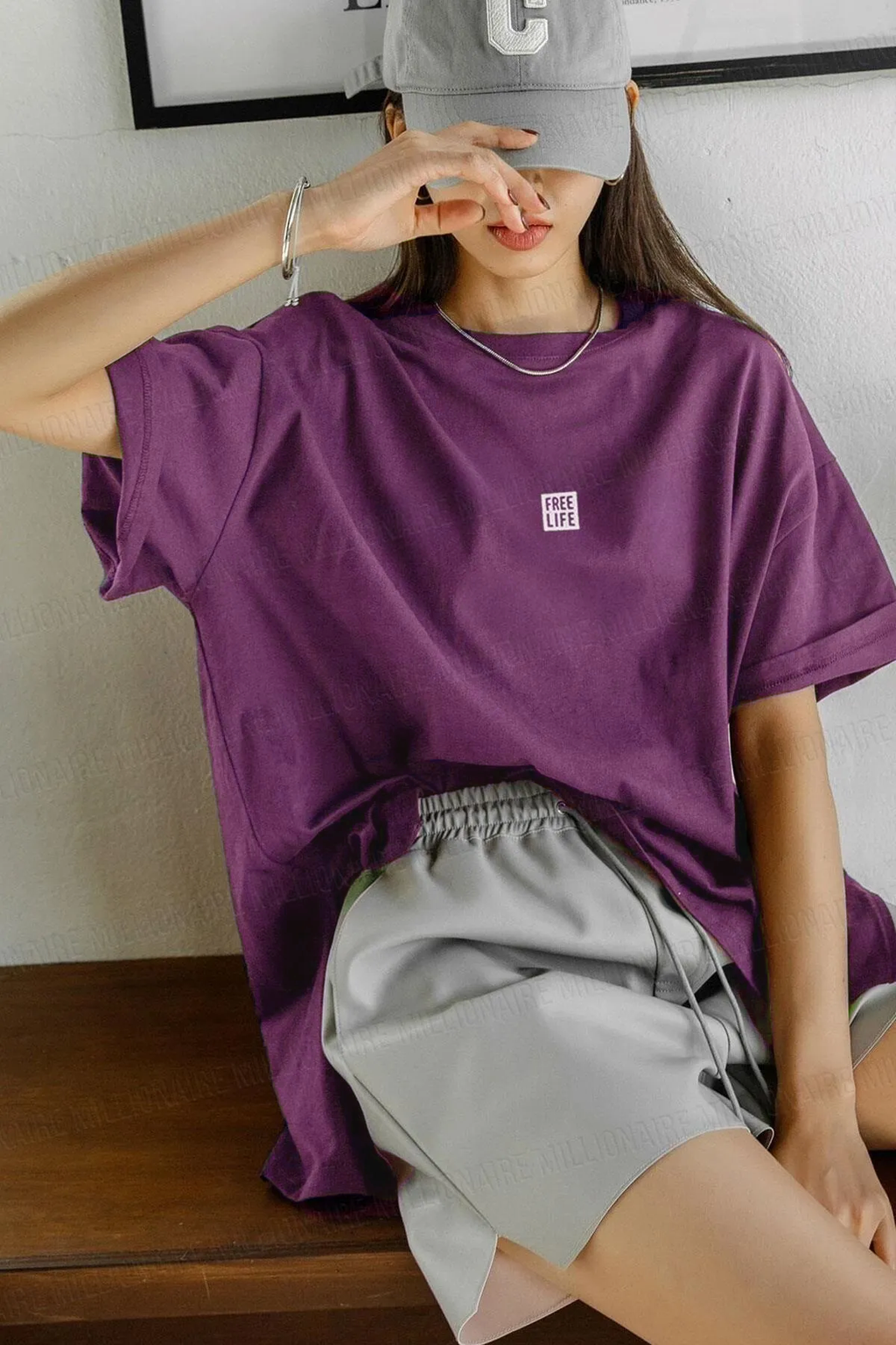 Kadın Free Life Mor Bisiklet Yaka Oversize Salas T-Shirt - QM1004
