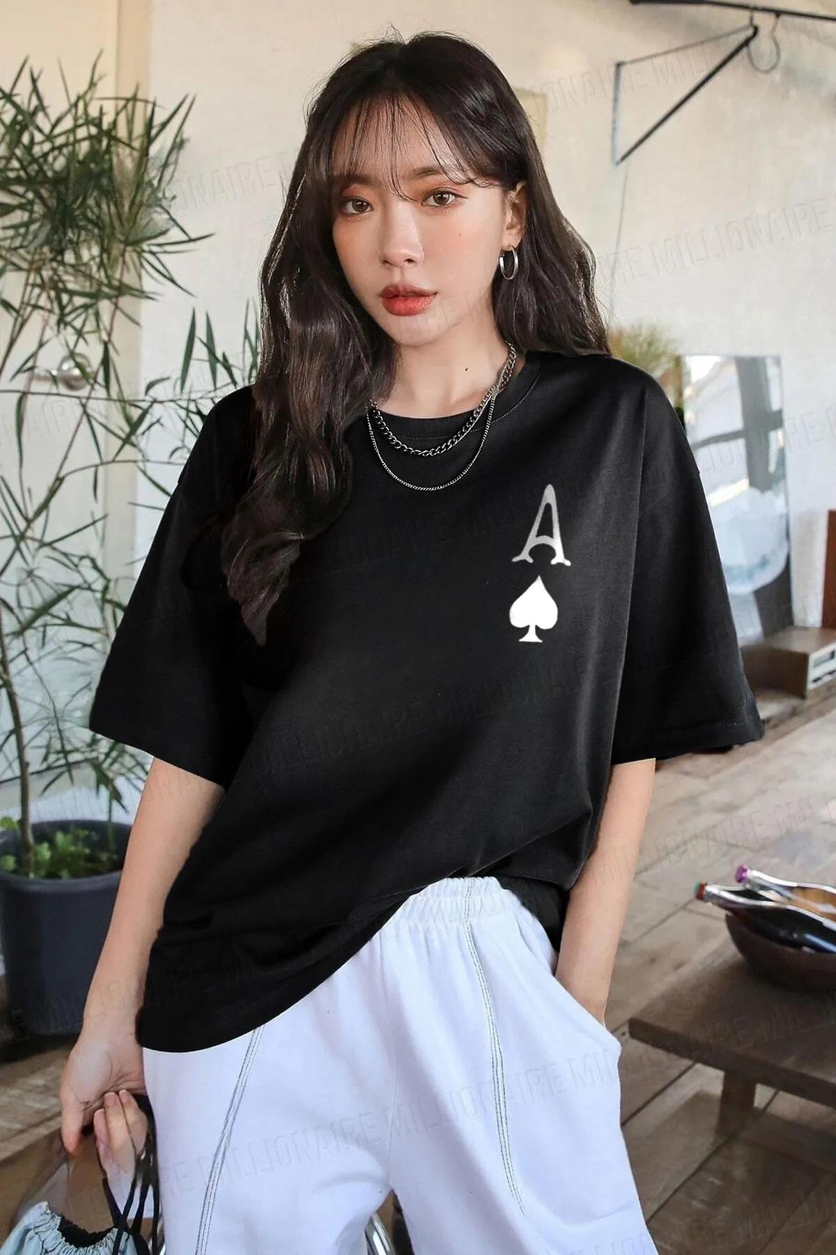 Kadın Maça As Baskılı Siyah Oversize T-Shirt - QM1003
