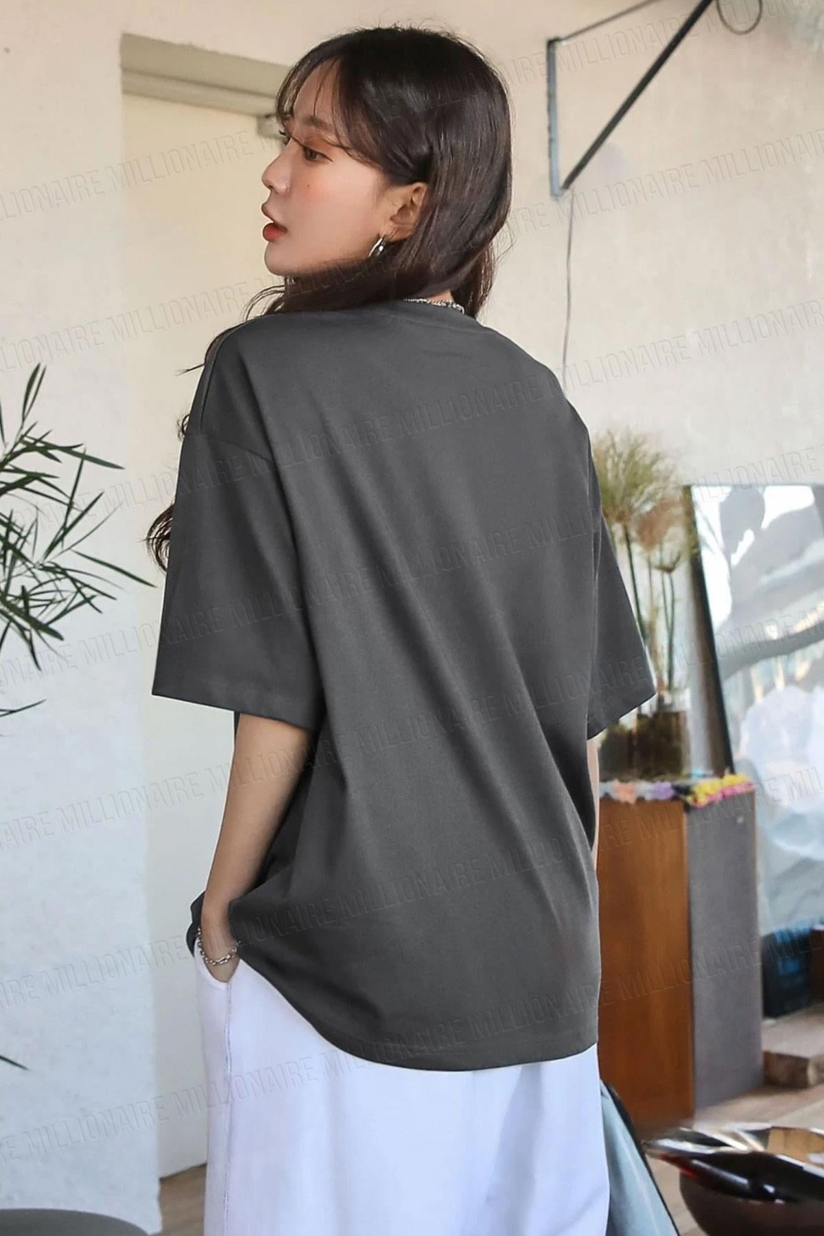 Kadın Free Life Füme Bisiklet Yaka Oversize Salas T-Shirt - QM1004