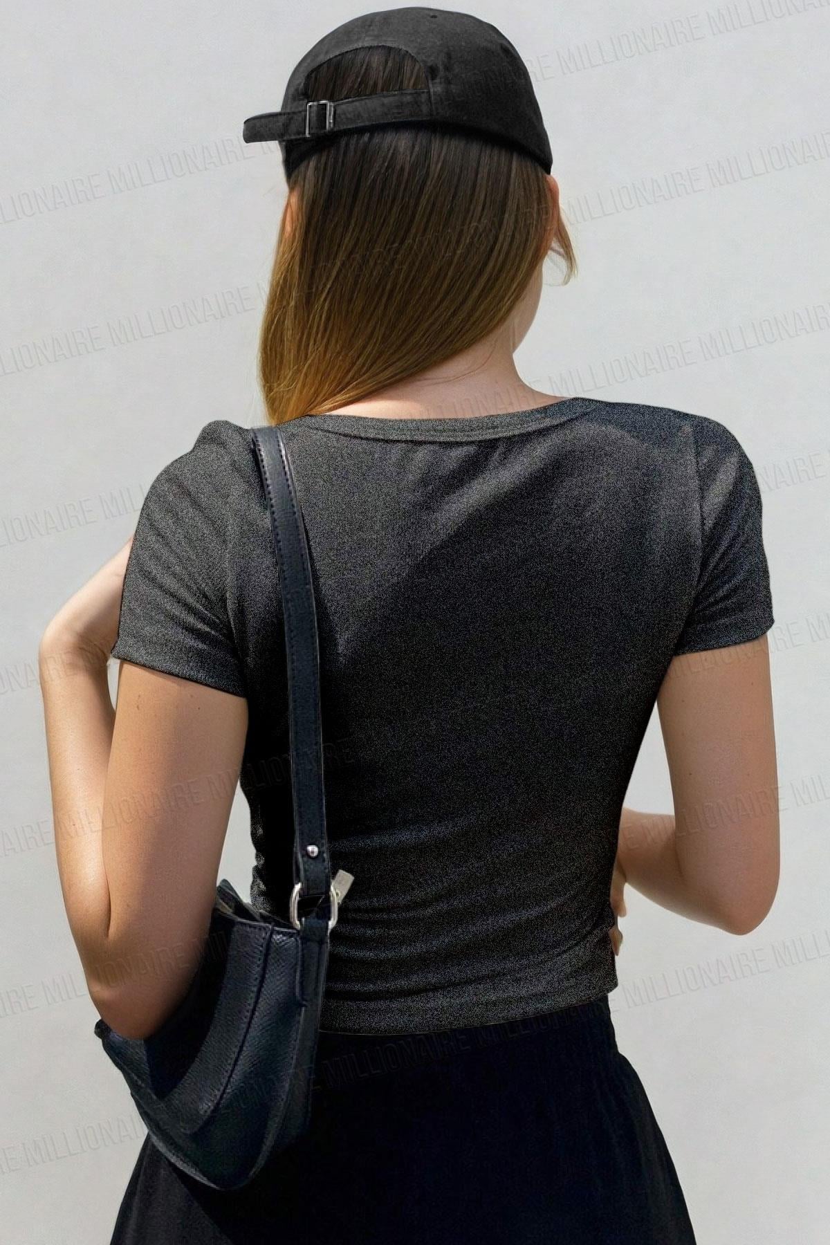 Kadın Antrasit U Yaka Kısa Kollu Fitilli Kaşkorse Body T-Shirt - QM2001