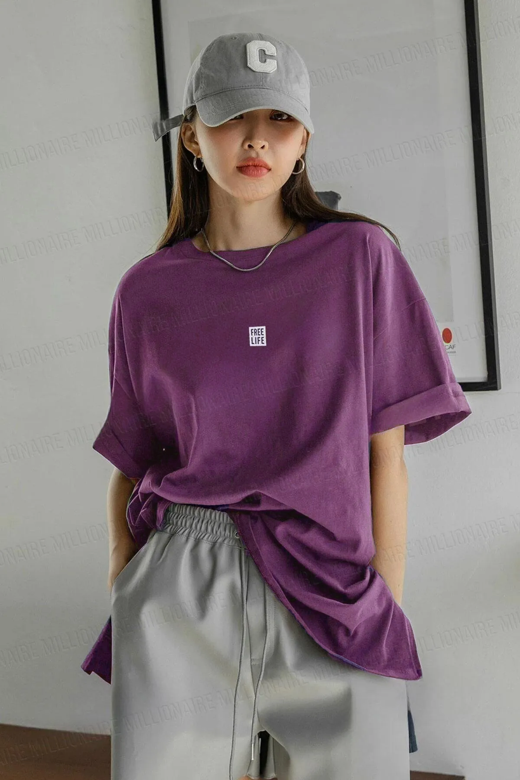 Kadın Free Life Mor Bisiklet Yaka Oversize Salas T-Shirt - QM1004