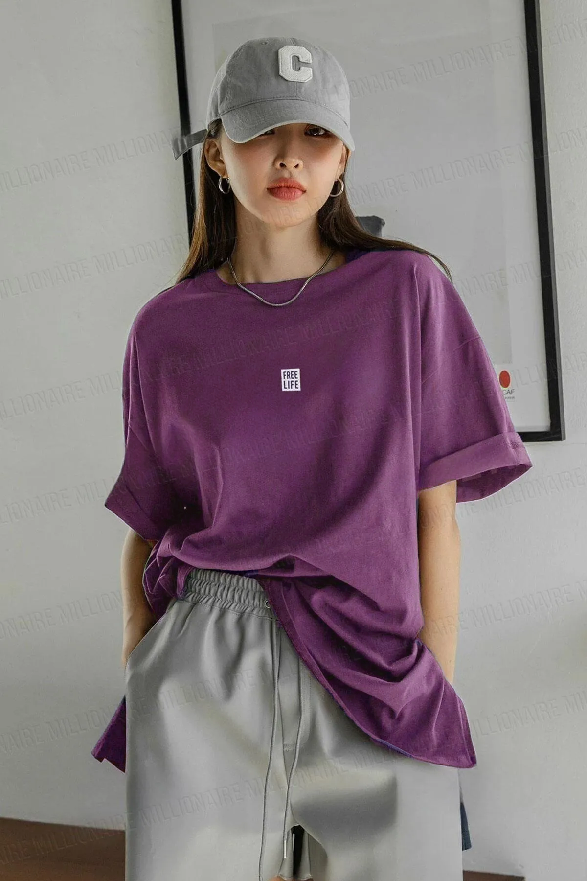 Kadın Free Life Mor Bisiklet Yaka Oversize Salas T-Shirt - QM1004