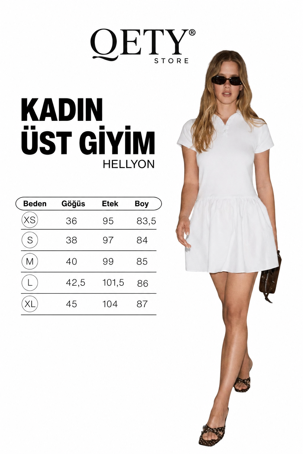 Kadın Üstü Esnek Kumaşlı Eteği Poplin Polo Yaka Beyaz Elbise - QE7001