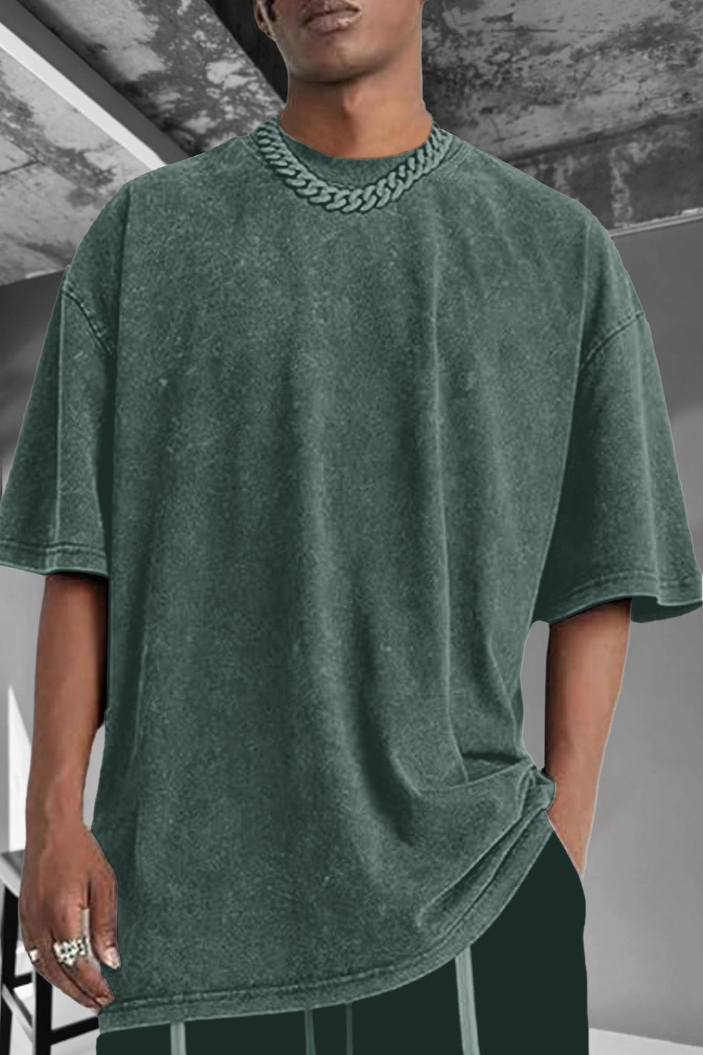 Erkek Yeşil Oversize Asit Yıkamalı Eskitme Efektli Boyalı T-Shirt - QM1000