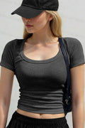 Kadın Antrasit U Yaka Kısa Kollu Fitilli Kaşkorse Body T-Shirt - QM2001