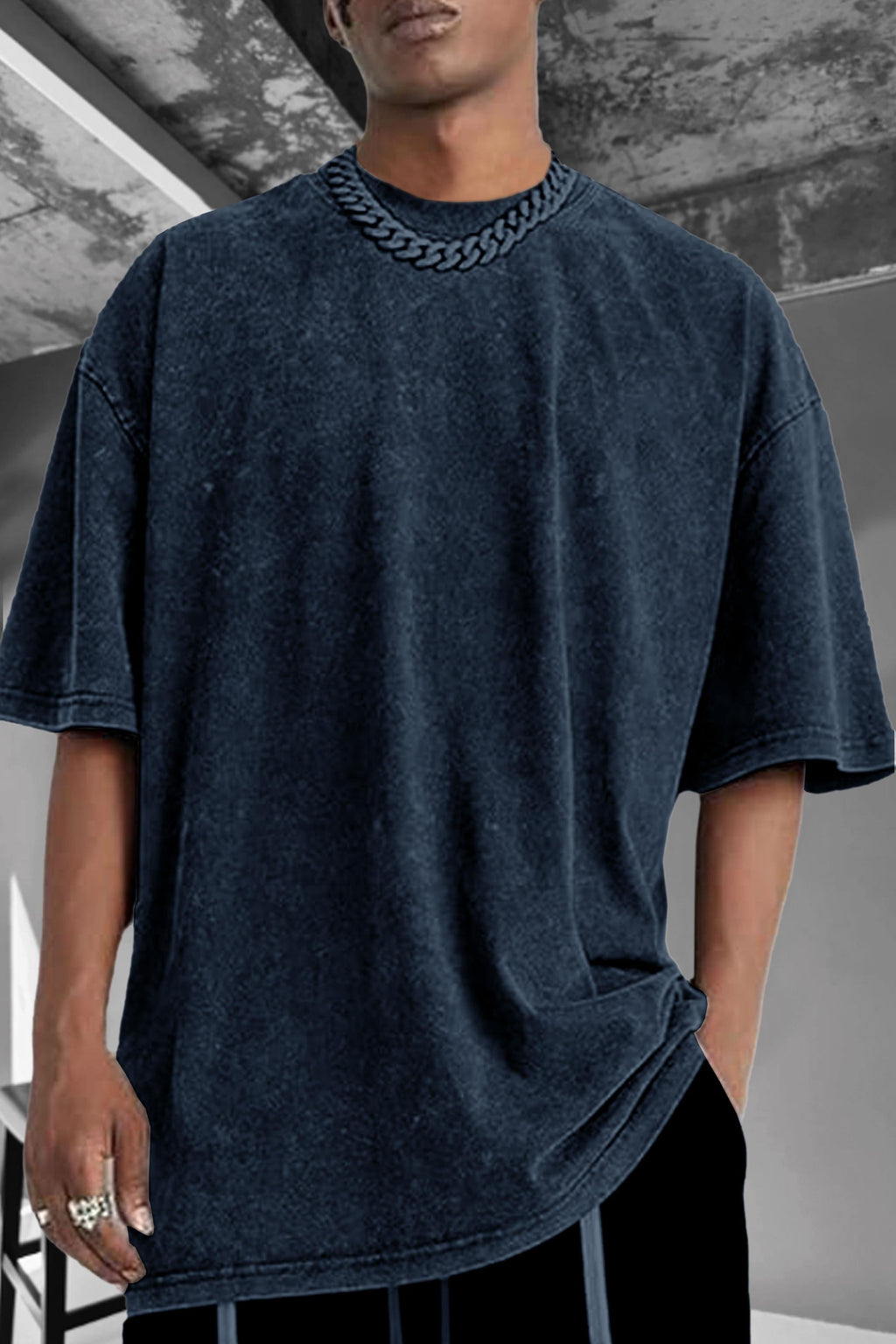 Erkek Lacivert Oversize Asit Yıkamalı Eskitme Efektli Boyalı T-Shirt - QM1000