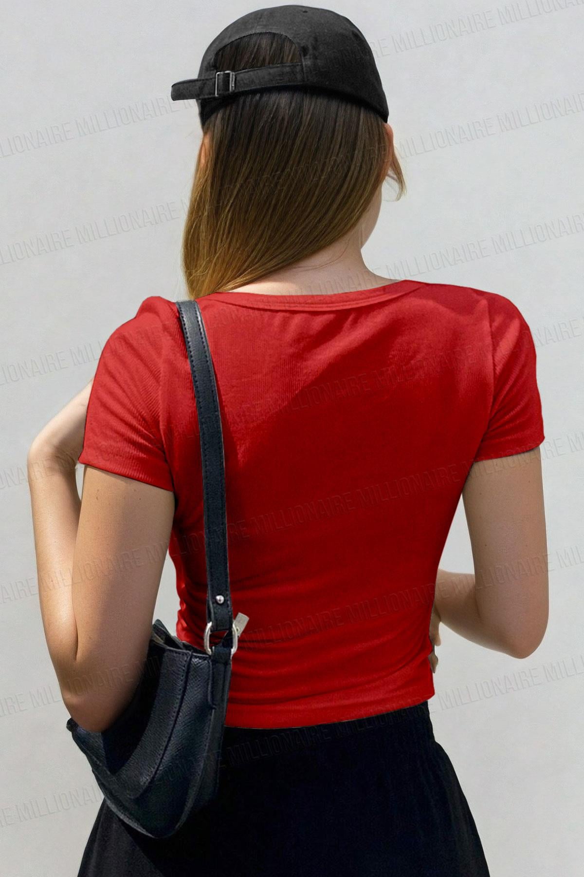 Kadın Kırmızı U Yaka Kısa Kollu Fitilli Kaşkorse Body T-Shirt - QM2001