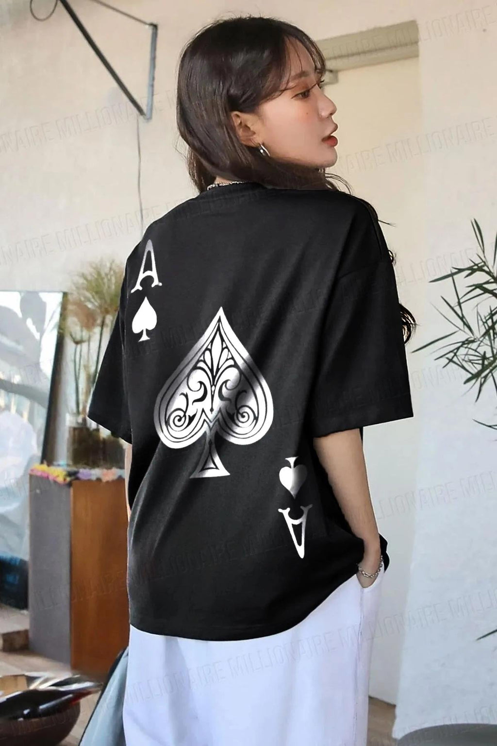 Kadın Maça As Baskılı Siyah Oversize T-Shirt - QM1003