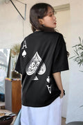 Kadın Maça As Baskılı Siyah Oversize T-Shirt - QM1003