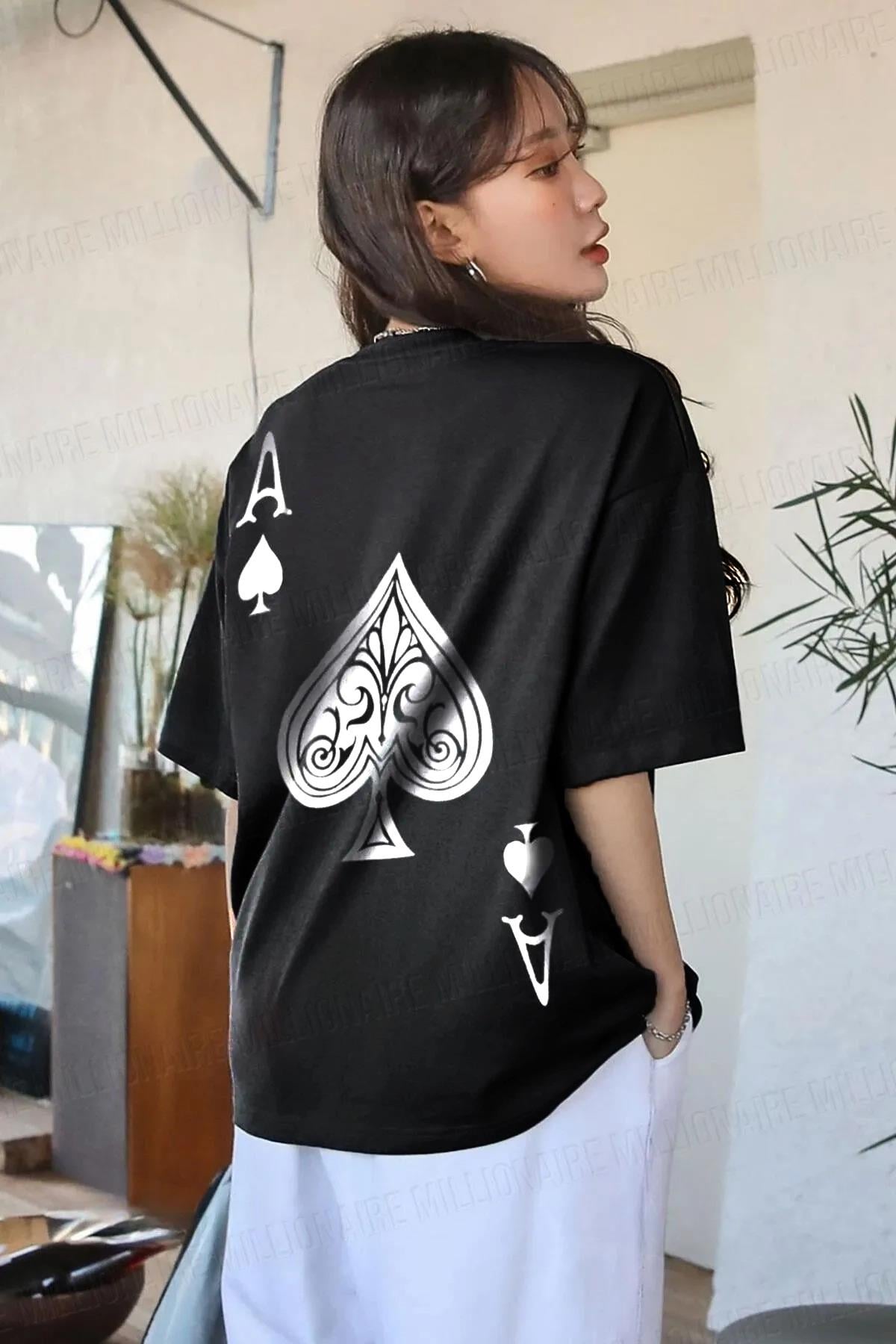 Kadın Maça As Baskılı Siyah Oversize T-Shirt - QM1003