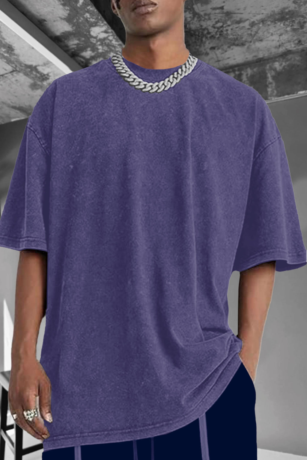 Erkek Mor Oversize Asit Yıkamalı Eskitme Efektli Boyalı T-Shirt - QM1000