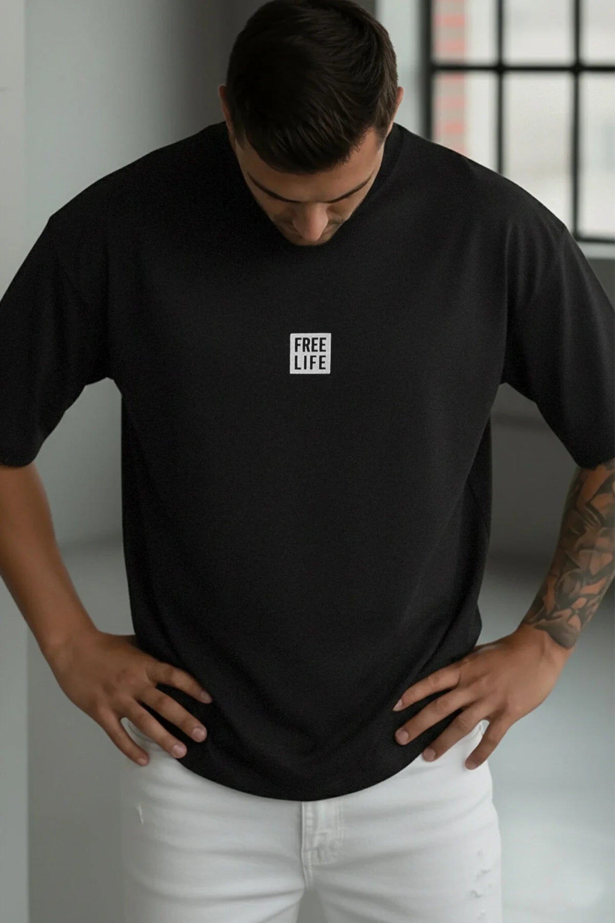 Erkek Free Life Siyah Bisiklet Yaka Oversize Salas T-Shirt