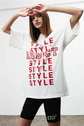 Kadın Style Yazı Kalıp Baskılı Oversize Fit %100 Organik Pamuklu Bisiklet Yaka Beyaz T-Shirt