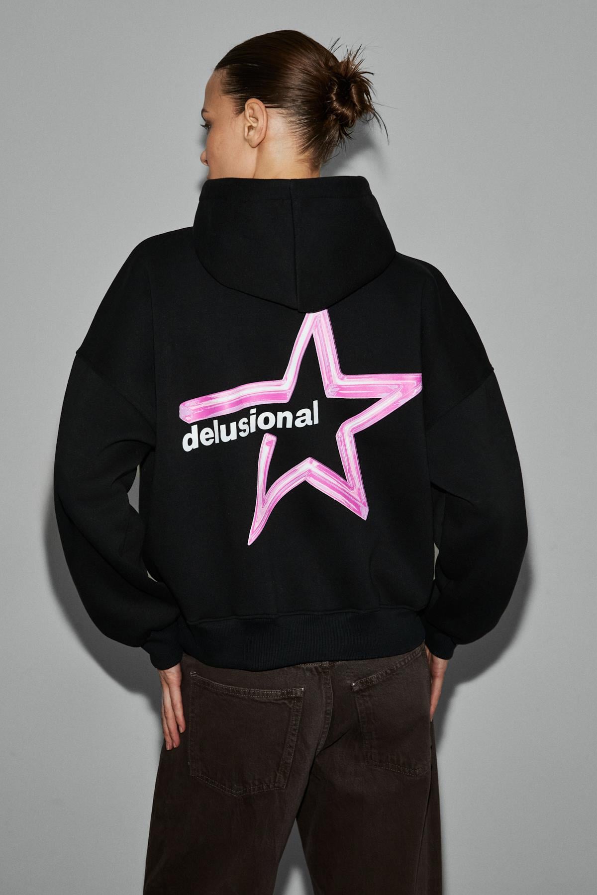 Kadın Organik Pamuklu Polarlı Kumaşlı Baskı Detaylı Siyah Sweatshirt