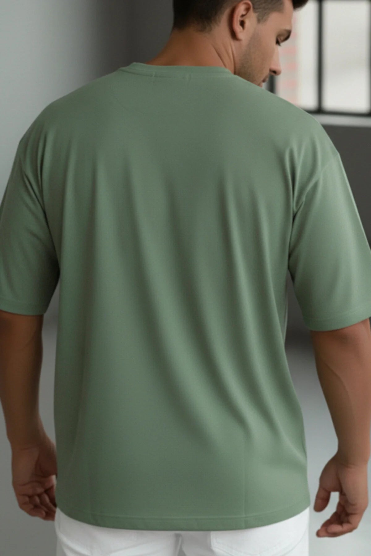 Erkek Açık Yeşil Geyik Baskılı Oversize Fit Bol Geniş Kalıp Salaş Kesim T-shirt